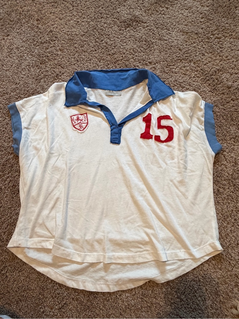 Women’s White Polo Top with Blue Collar and Red Number 15